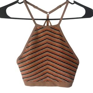 Fornia Women Orange Brown Chevron Knit Halter Crop Top Strappy Back S/M